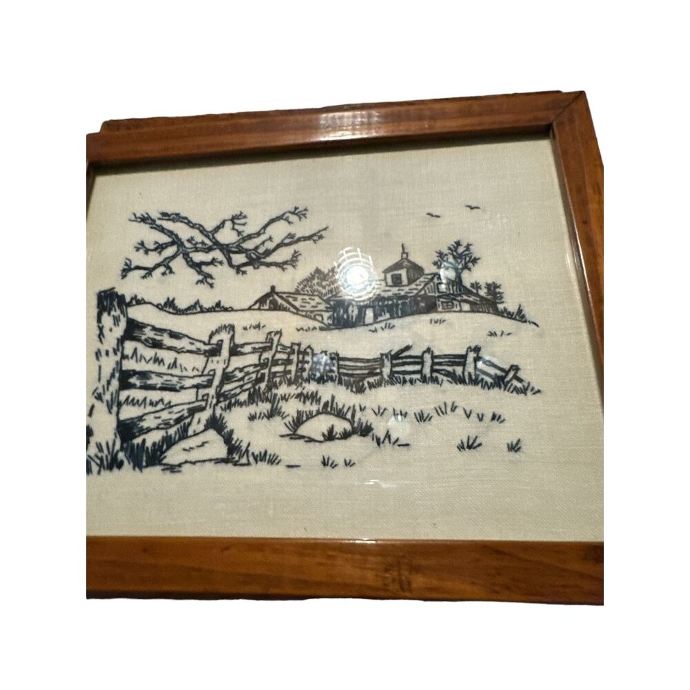 Vintage Framed Embroidered Farmhouse Scene